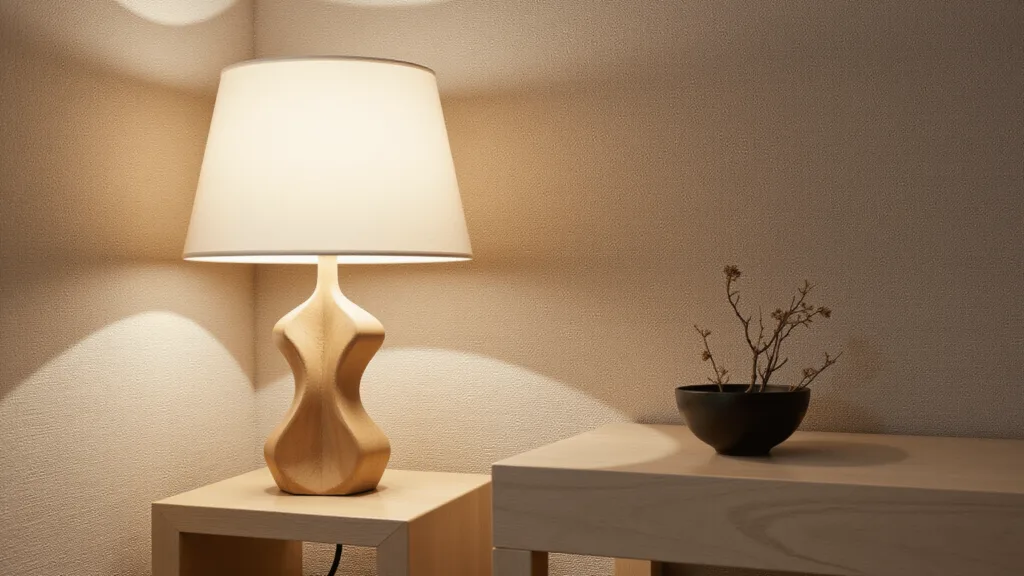 "Japandi table lamp with natural wood base and linen shade on oak table with ikebana arrangement in zen corner"