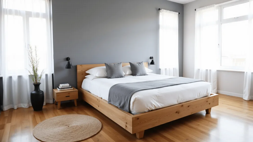 "Japandi-style minimalist bedroom with oak platform bed, natural jute rug, and bamboo stem in a black vase, bathed in soft morning light."