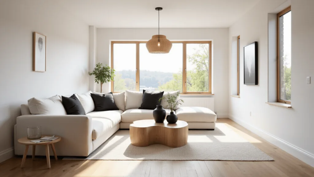 "Japandi-style living room with natural light, white sofa, charcoal pillows, wood coffee table, black vases, bamboo, minimalist artwork and pendant lamp"