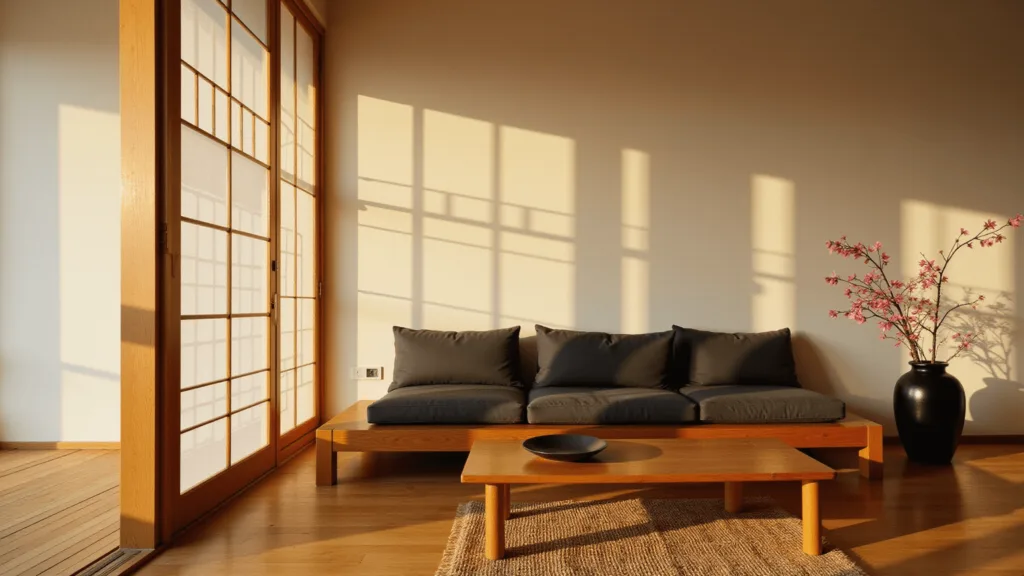 "Modern Japanese living room with bamboo flooring, walnut platform sofa, shoji screens, and minimalist decor bathed in soft golden light"