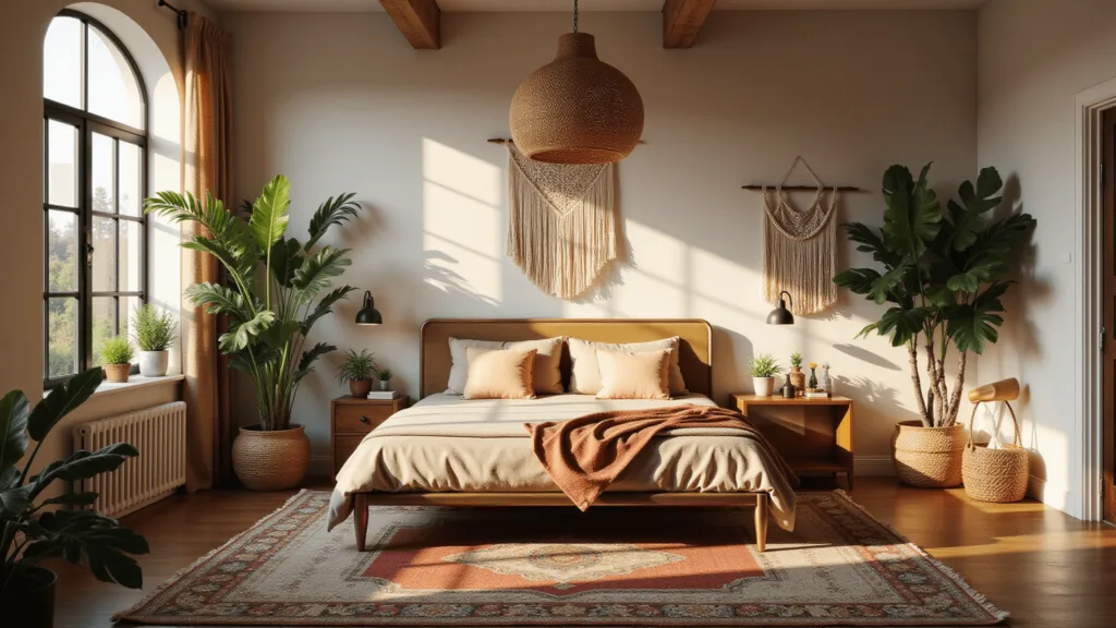 "Sunlit luxury boho bedroom with brass bed, vintage decor, rattan pendant light, and large monstera plant during golden hour"