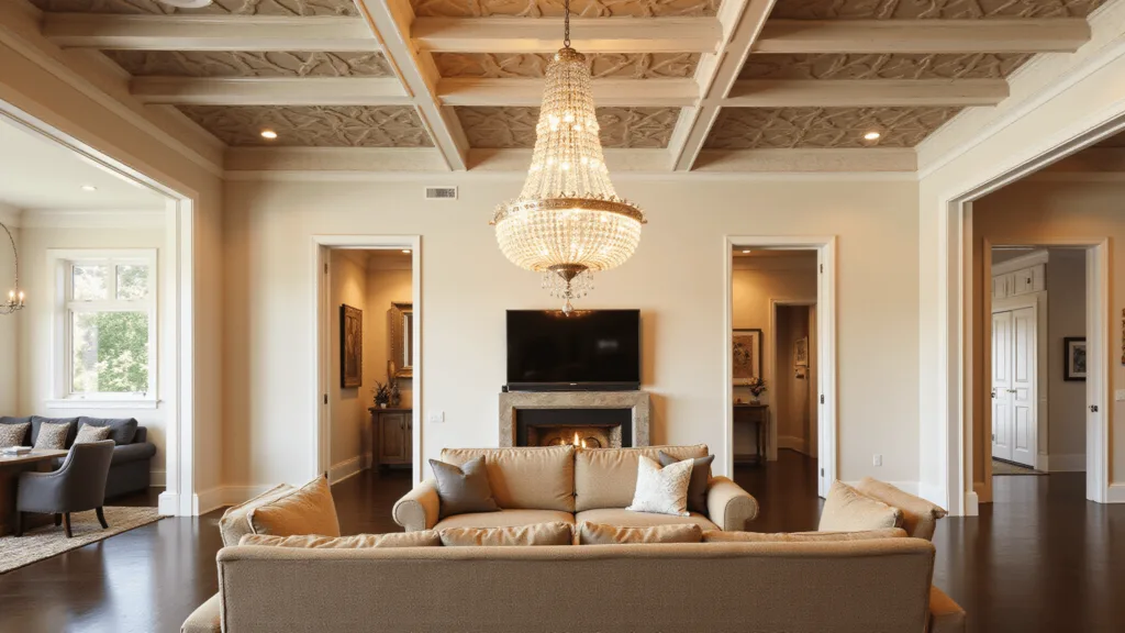 "Luxurious living room with white coffered ceiling, rustic wooden beams, metallic accents and crystal chandelier"