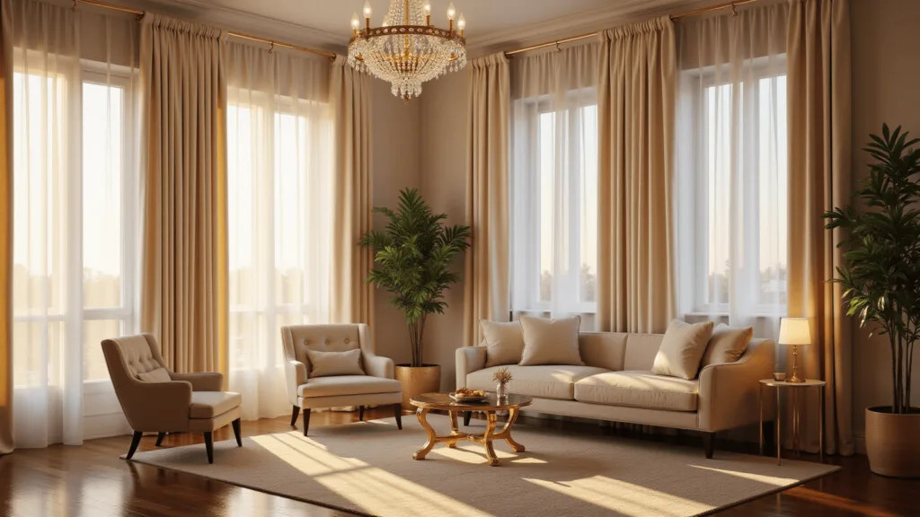 "Luxurious living room with cream silk damask curtains, neutral furniture, and brass accents during golden hour"