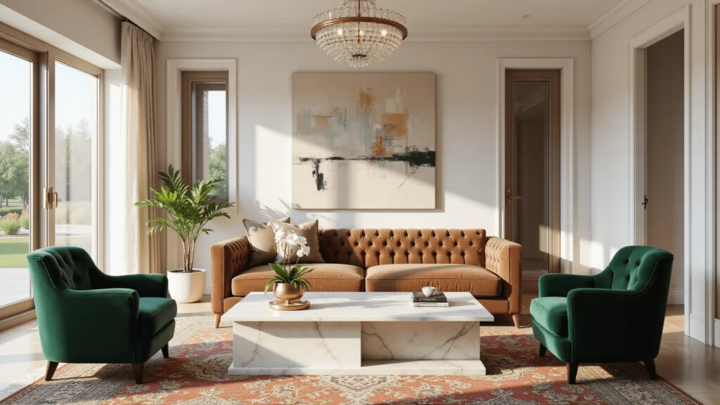 "Luxurious sunlit living room with cream walls, brown leather Chesterfield sofa, white marble table, emerald velvet chairs, Persian rugs, abstract art, and morning light"