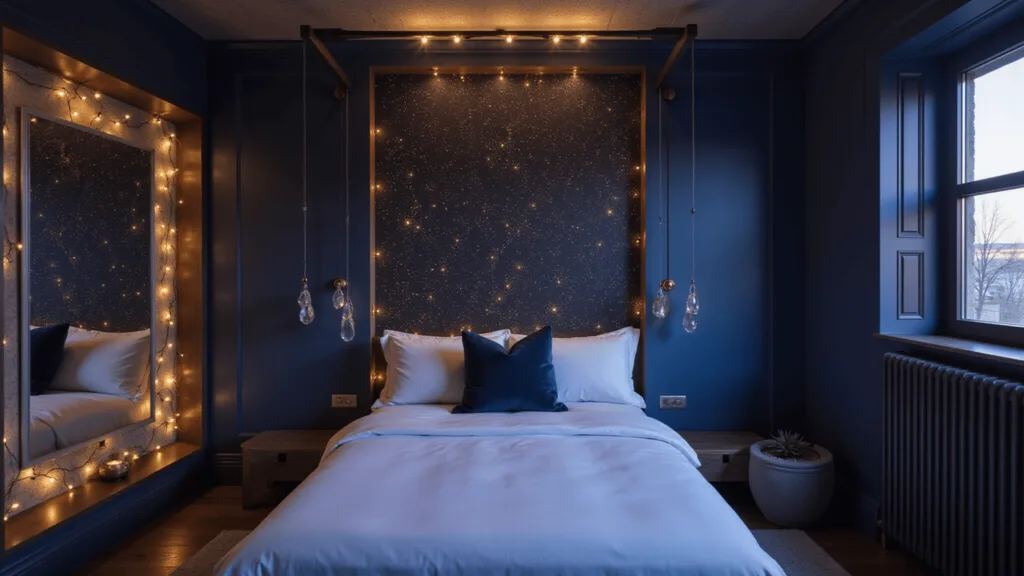"A magical bedroom with a celestial canopy bed, constellation lights, and crystal pendants on deep blue walls bathed in the golden hour lighting."