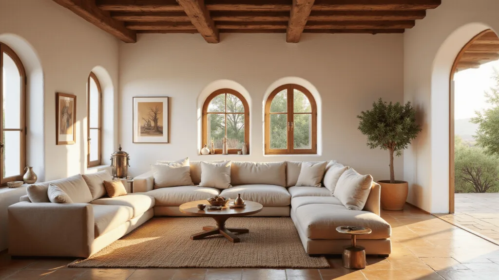 "Mediterranean living room with sunlight streaming through arched windows, featuring terracotta flooring, cream linen sofa, brass accents, jute rug, potted olive tree, ceramics, and wooden beams"