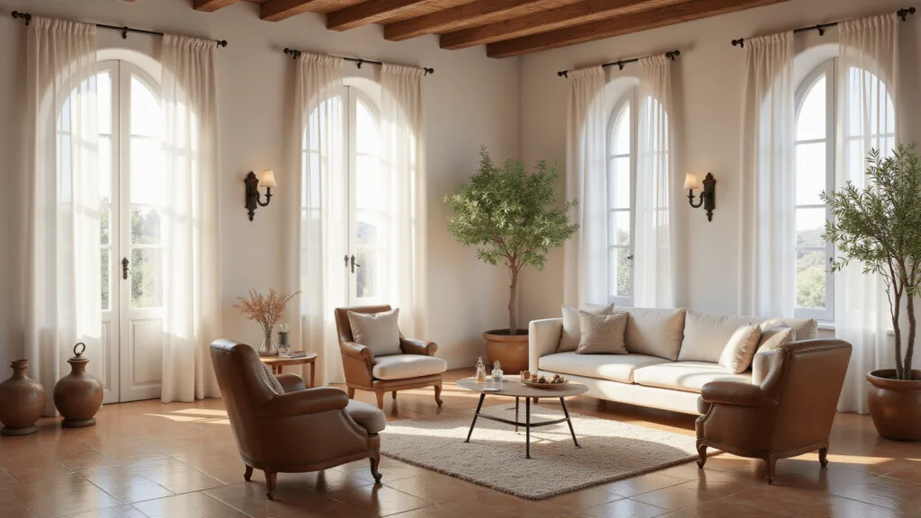 "Mediterranean style living room with sunlit arched windows, whitewashed walls, wooden beams, terracotta tiles, and elegant furniture."