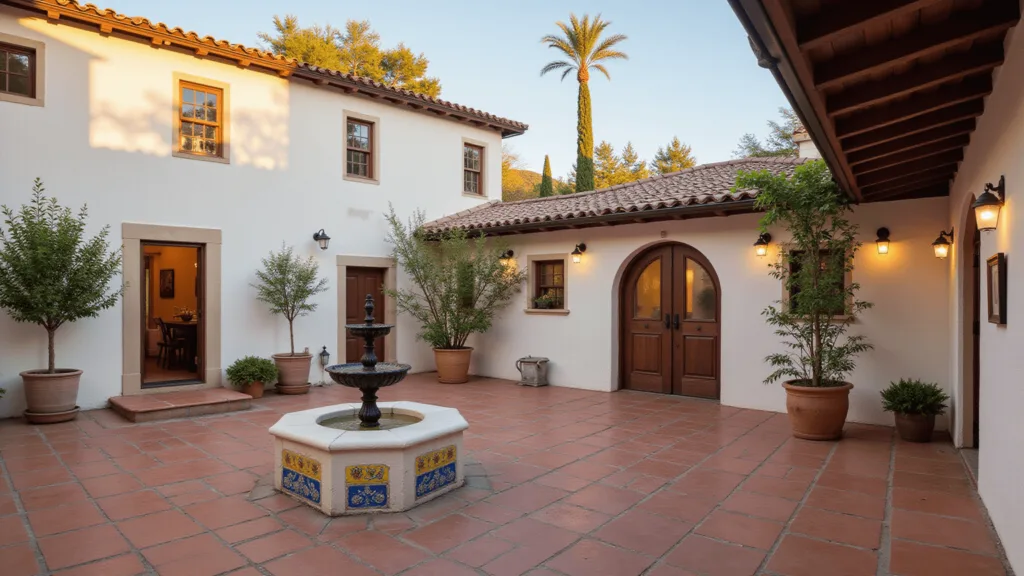 "Mediterranean villa courtyard with stucco walls, terra cotta tiles, wrought iron fountain, and citrus trees at sunset"