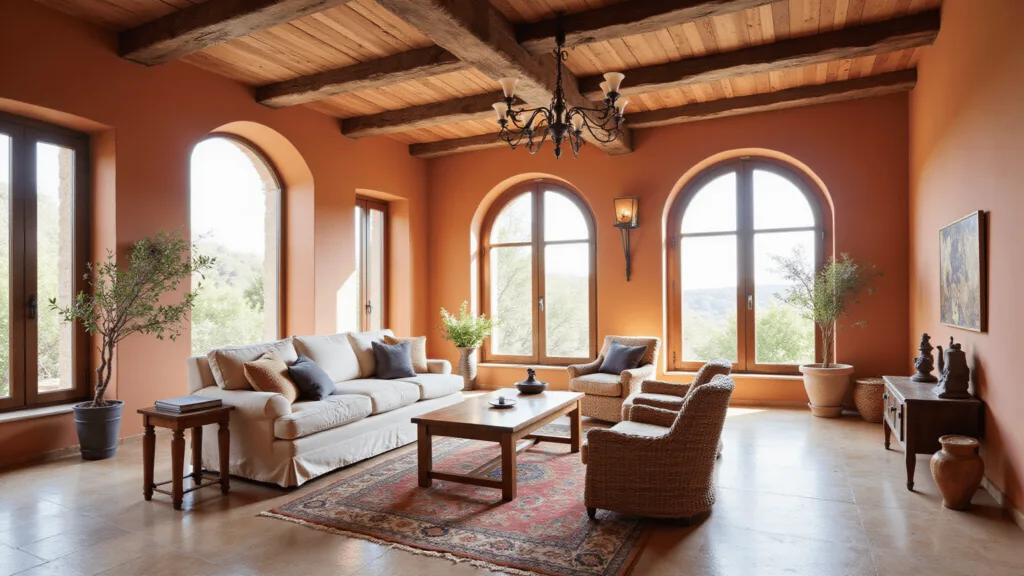 "Mediterranean villa living room with terracotta walls, arched windows, rustic wooden beams, cream linen sofa, Persian rugs, olive branches, wrought iron chandelier under warm sunlight"