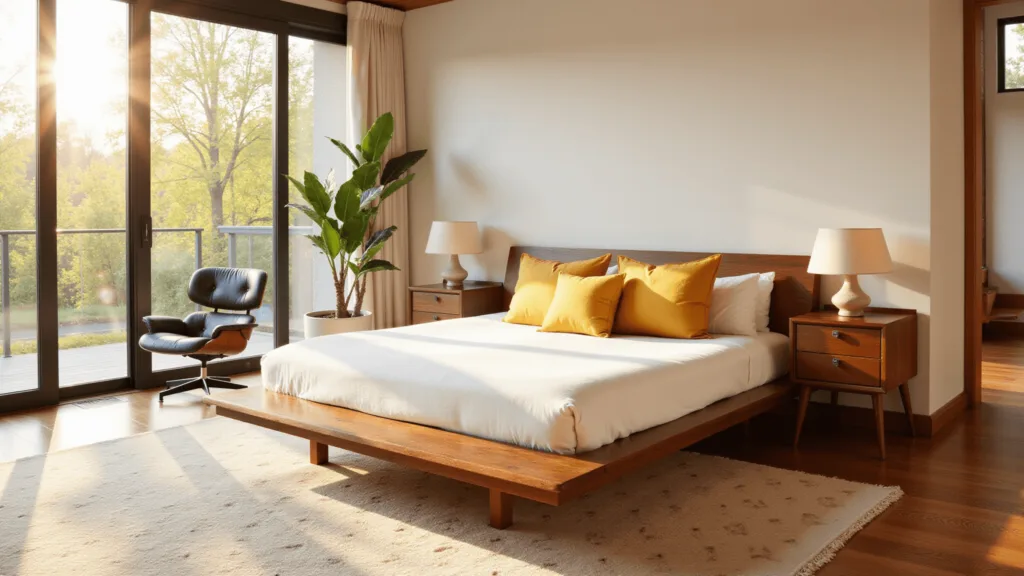 "Mid-century modern bedroom with walnut platform bed, mustard pillows, geometric rug, and Eames lounge chair in golden hour light"