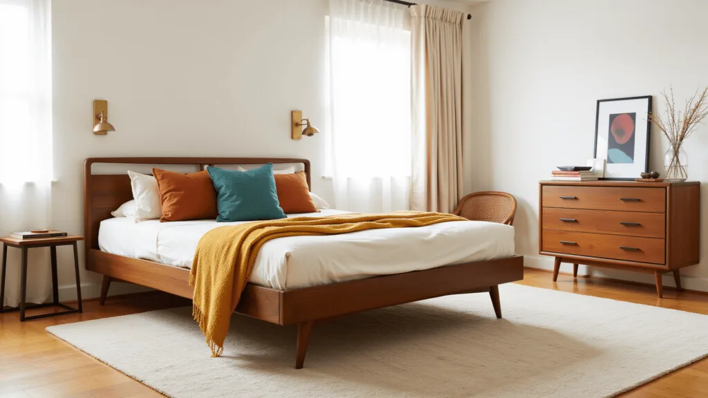 "Sunlit mid-century modern bedroom with walnut queen bed, mustard and teal accents, and warm lighting."