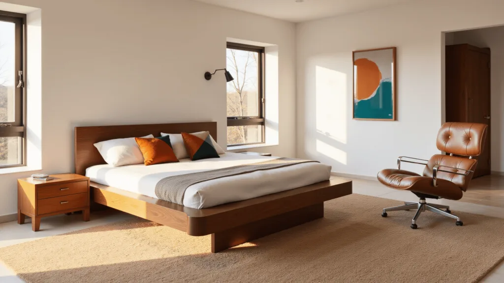 "Mid-century modern bedroom with walnut platform bed, Eames lounge chair, and geometric pillows in golden hour sunlight"