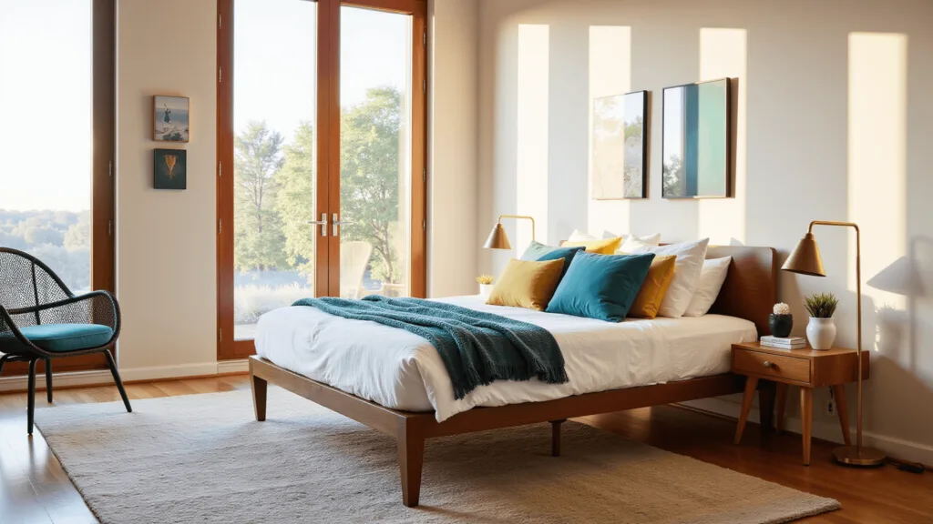 "Sunlit mid-century modern bedroom with walnut platform bed, brass accents, and floor-to-ceiling windows during golden hour"
