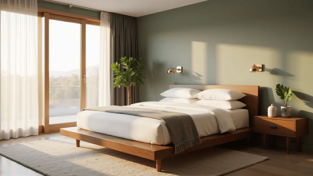 "Mid-century modern bedroom with walnut platform bed, sage green walls, and brass accents, bathed in warm golden light"