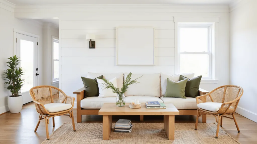 "Minimalist modern cottage interior with white shiplap walls, natural light, linen sofa, rattan chairs, and sage accents"