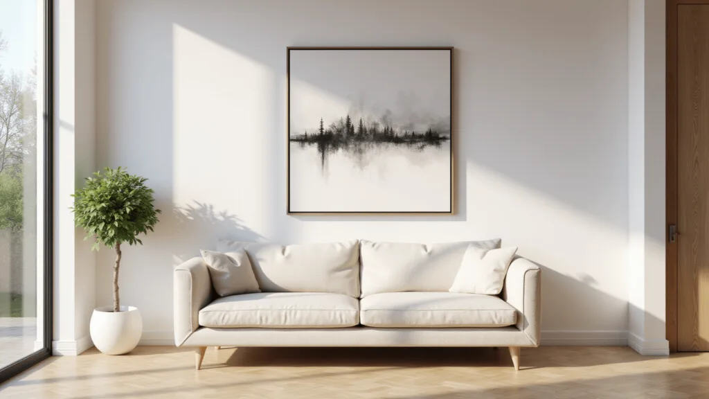 "Minimalist modern living room with large abstract art above a beige sofa, white walls, oak flooring, and natural lighting"