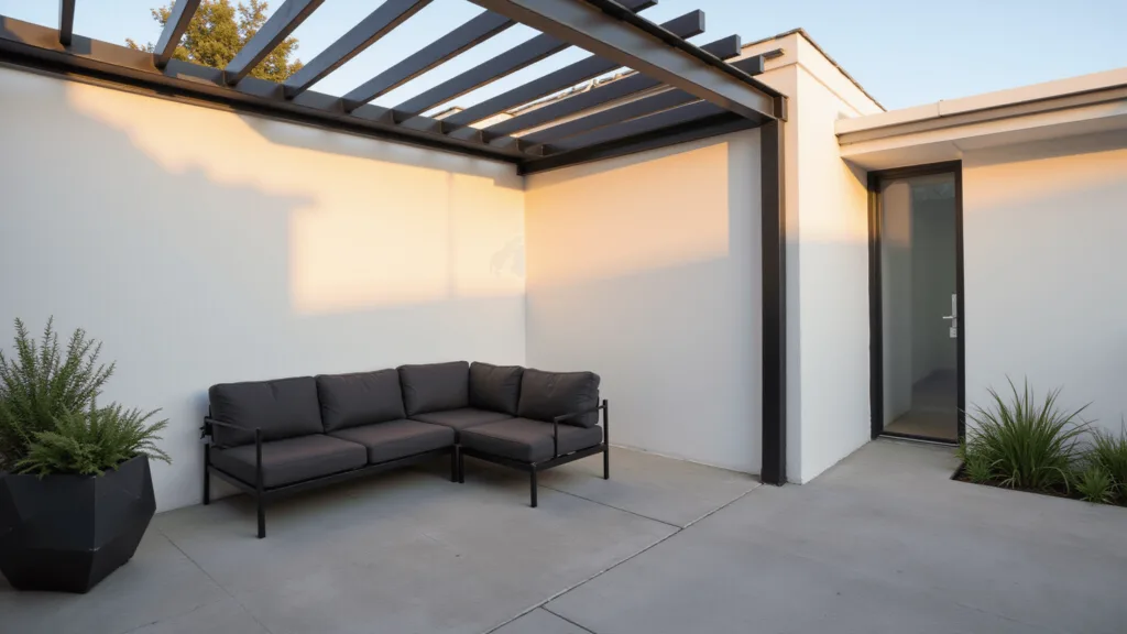 "Minimalist courtyard with concrete flooring, white walls, charcoal sofa, geometric planters, and steel pergola against a golden sunset."