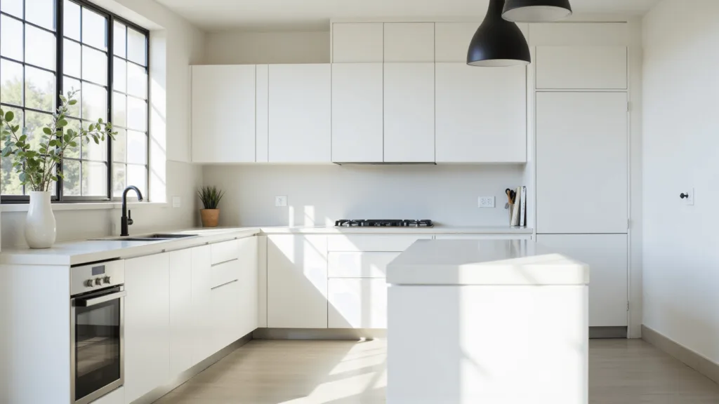 "Modern minimalist kitchen with white quartz countertops and island, black fixtures, and a eucalyptus stem in ceramic vase"