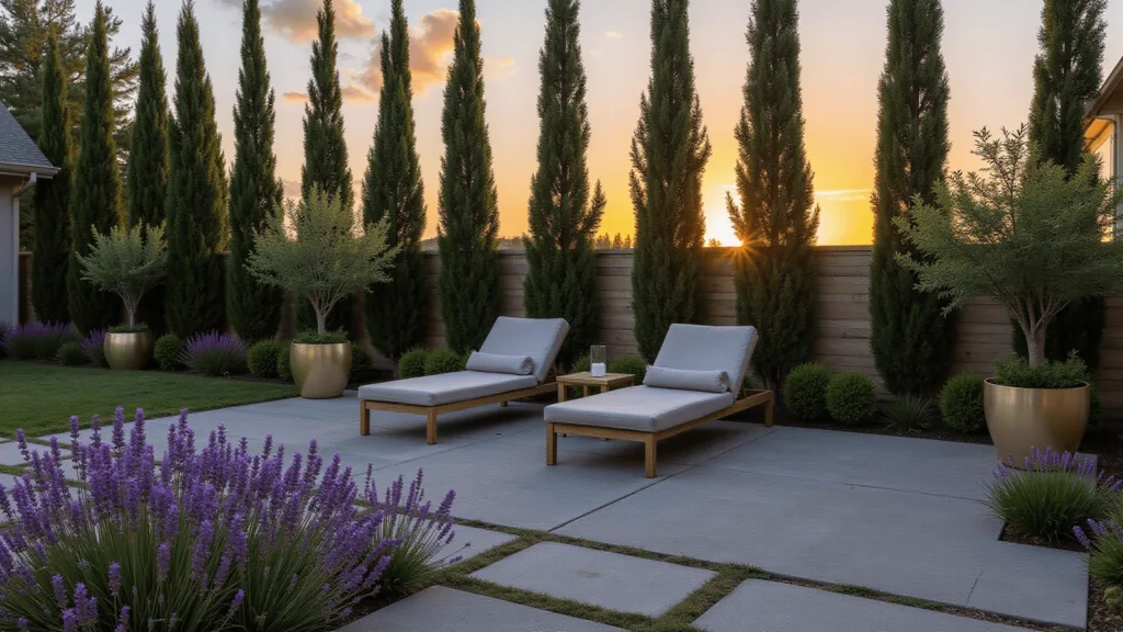 "Modern backyard sanctuary with Italian cypress trees, purple smokebush, and lavender at sunset"
