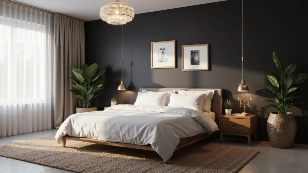 "Modern luxury bedroom with black accent wall, white linens, metallic accents, art frames, and Moroccan rug, illuminated by warm morning light."