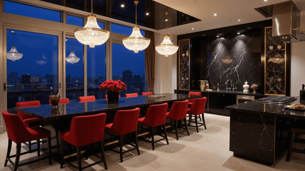 "Modern luxurious kitchen with black marble countertops, red barstools, crystal chandeliers, and cityscape view at twilight"