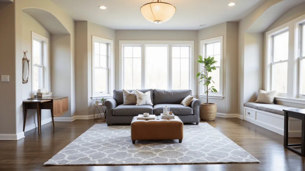 "Spacious bonus room with arched windows, modular sofa, walnut desk, and built-in window seats in a modern farmhouse style"