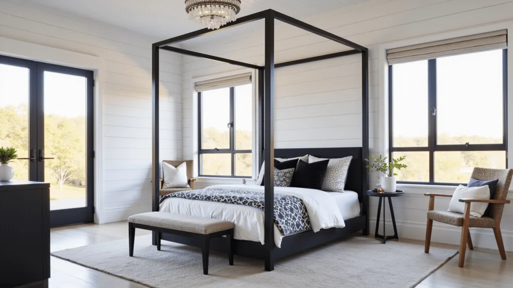 "Modern black and white bedroom interior with a black metal canopy bed, white shiplap walls, layered bedding, and floor-to-ceiling windows under golden hour lighting"