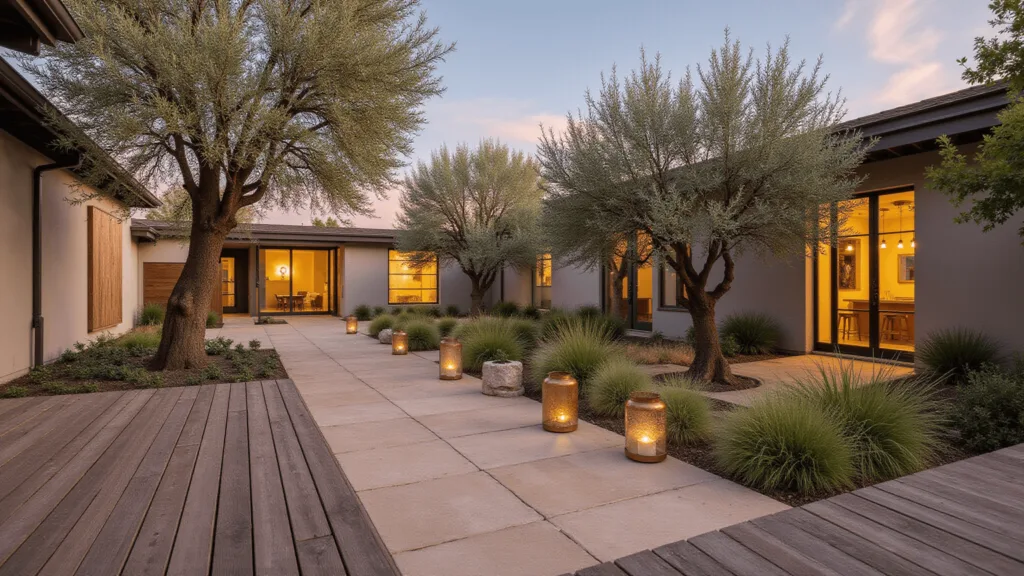 "Modern courtyard with limestone pavers, mature olive trees and copper lanterns during golden hour"