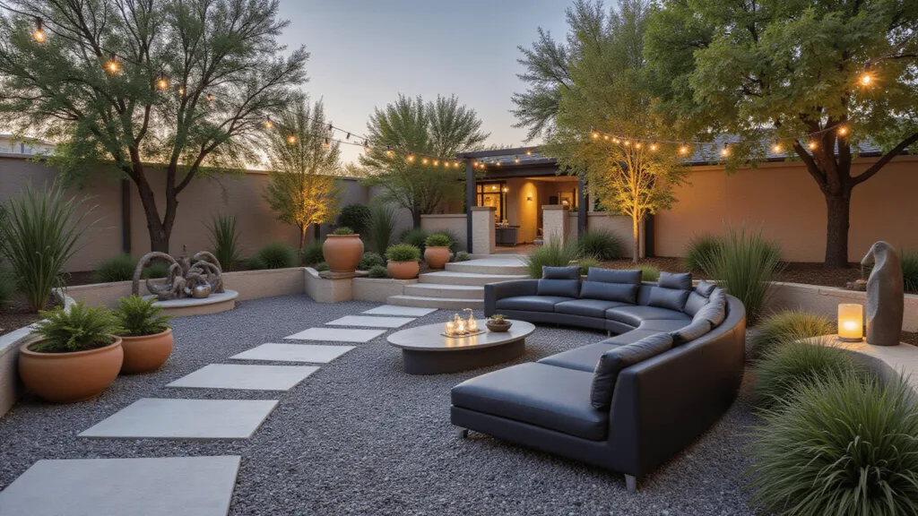 "Modern backyard with gravel paths, concrete pavers, outdoor furniture, terracotta planters, stone fountain, and stainless steel sculptures during golden hour"