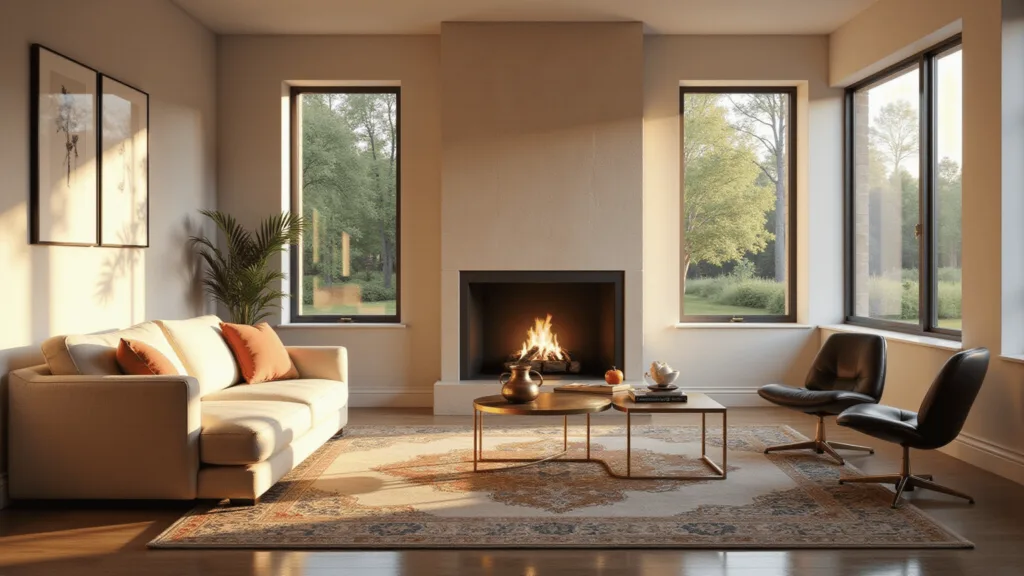 "Modern living room with cream sectional sofa, brass coffee table, and black accent chairs during golden hour."