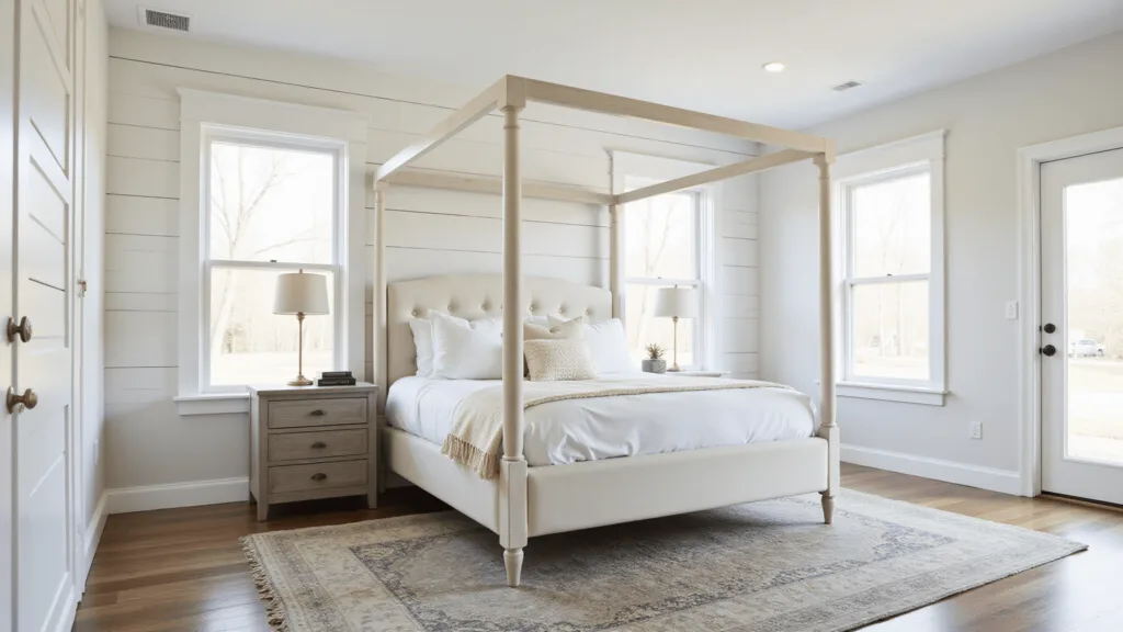"Modern farmhouse bedroom with a cream canopy bed, white shiplap wall, weathered oak floors, Persian rug under natural morning light"