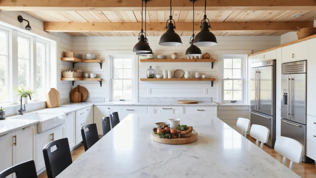 "Sunlit modern farmhouse kitchen with white shiplap walls, exposed wooden beams, vintage pendants, rustic ceramics, and marble counters"