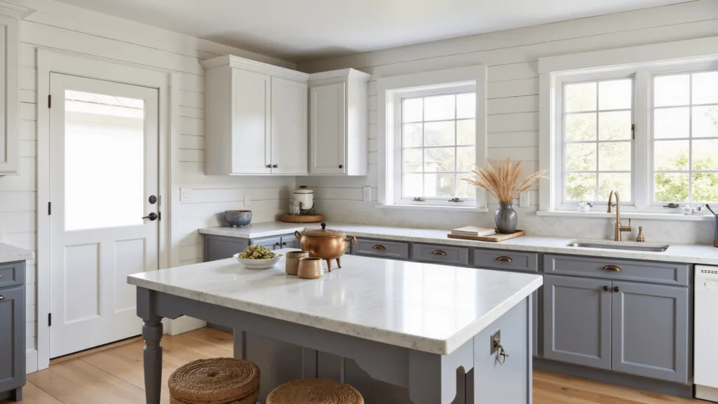 "Sunlit interior of a modern farmhouse kitchen with white shiplap walls, grey shaker cabinets, a marble island, vintage copper pots, terracotta herbs, and wheat stalks in warm morning light"