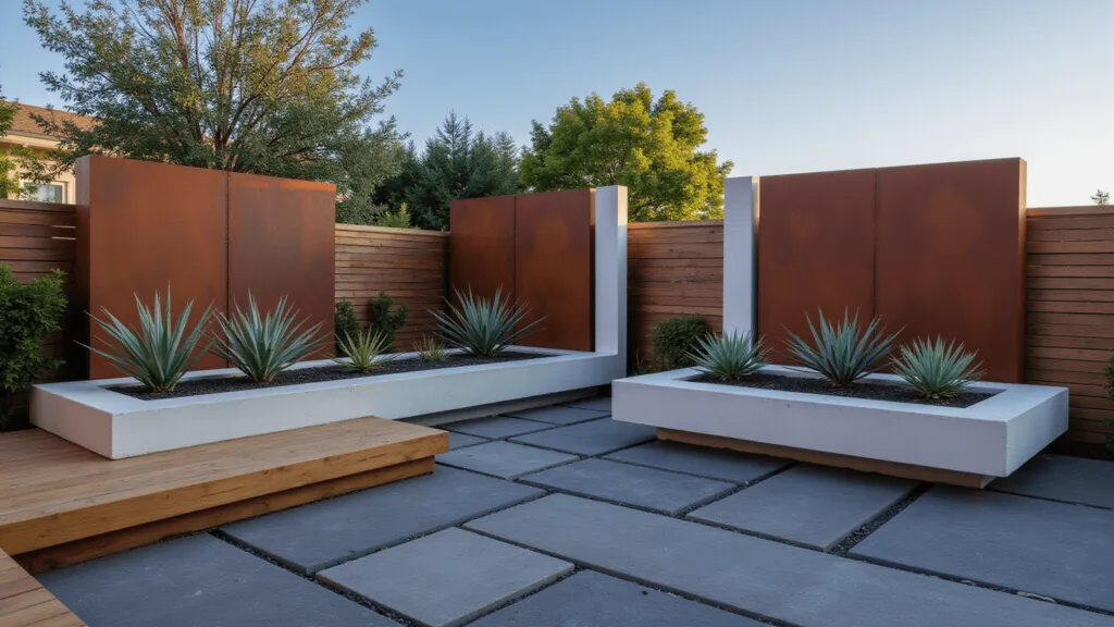 "Modern garden with concrete planters, succulents, wooden deck, steel accents at twilight"