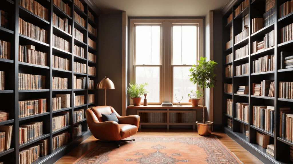 "Sophisticated home library with black metal shelving, cognac leather chair, brass lamp, and Persian rug illuminated by warm sunlight"