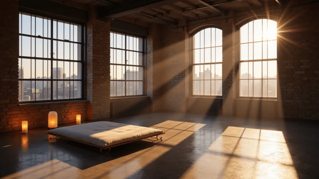 "Dawn light illuminating modern loft meditation space with exposed brick walls, steel beams, minimalist cushion on floating wooden platform, Himalayan salt lamps, and a view of a misty urban morning"
