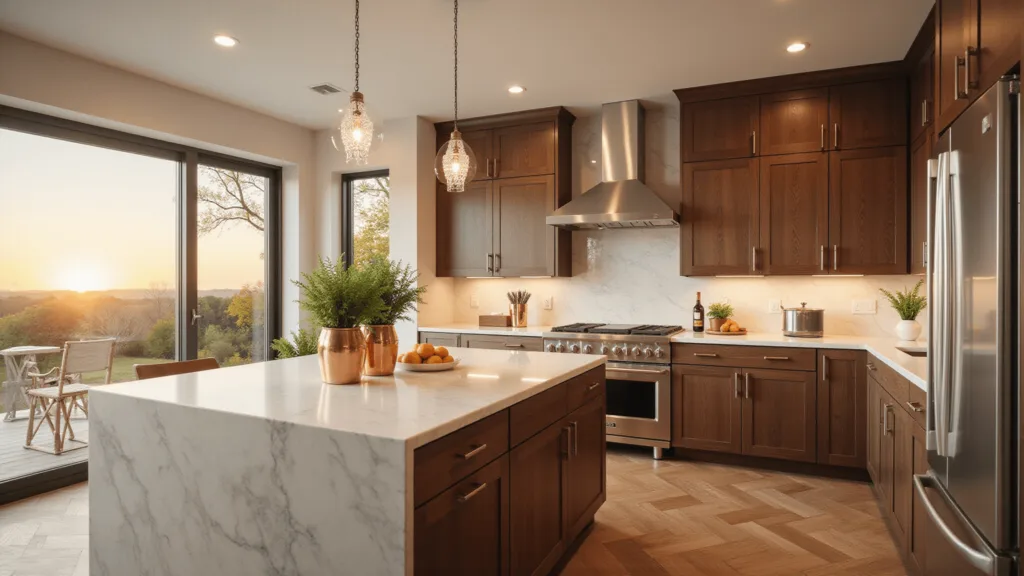 "Modern luxury kitchen with marble island, walnut cabinets and professional stainless steel appliances in golden hour light"