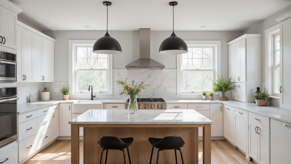 "Modern minimalist kitchen interior with white cabinets, marble countertops, black pendant lights, and stainless steel appliances in bright natural morning light"