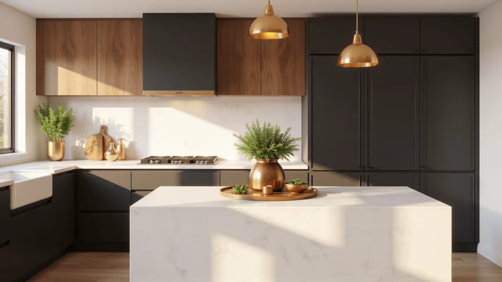 "Sunlit modern luxury kitchen with white quartz island, matte black cabinets, walnut accents and brass pendant lights"