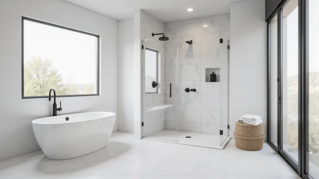 "Modern luxury bathroom with white marble walk-in shower, black fixtures, and a large frosted window providing natural light"