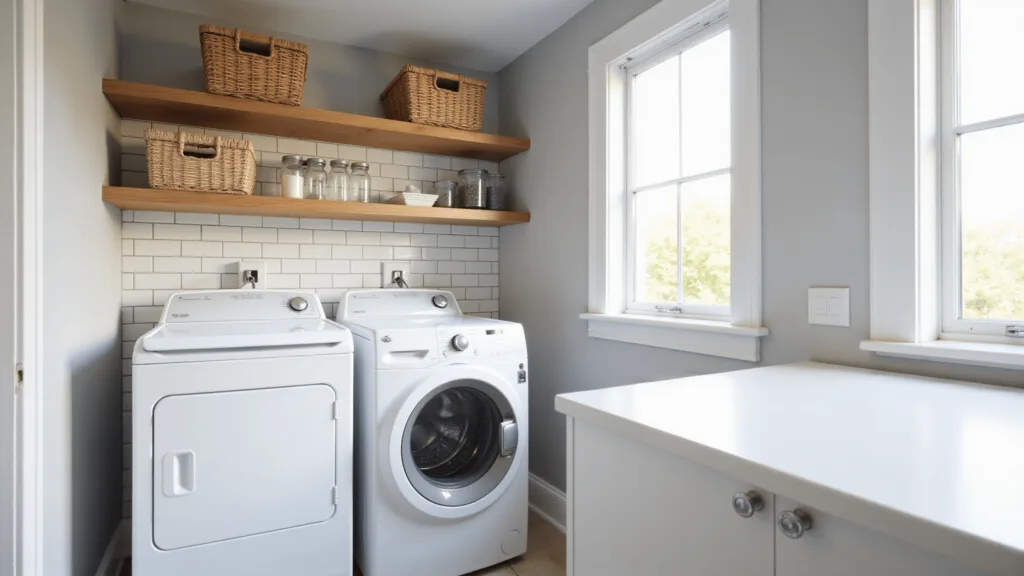 "Modern minimal laundry room with white washer/dryer, oak shelving, white subway tile backsplash and natural sunlight."