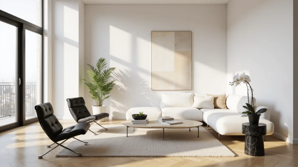"Modern minimalist living room with white sectional sofa, natural oak floors, abstract canvas, Barcelona chairs, orchid on marble table, bathed in soft morning light"