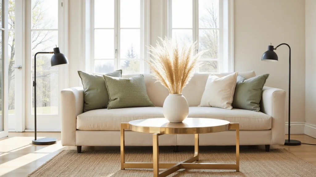 "Sunlit minimalist living room with ivory linen sofa, brass coffee table, and natural jute rug"