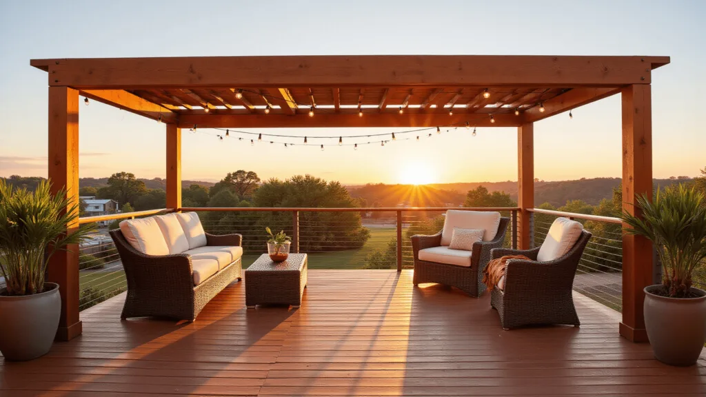 "Mobile home deck with a pergola, wicker furniture, potted palms and string lights at sunset"