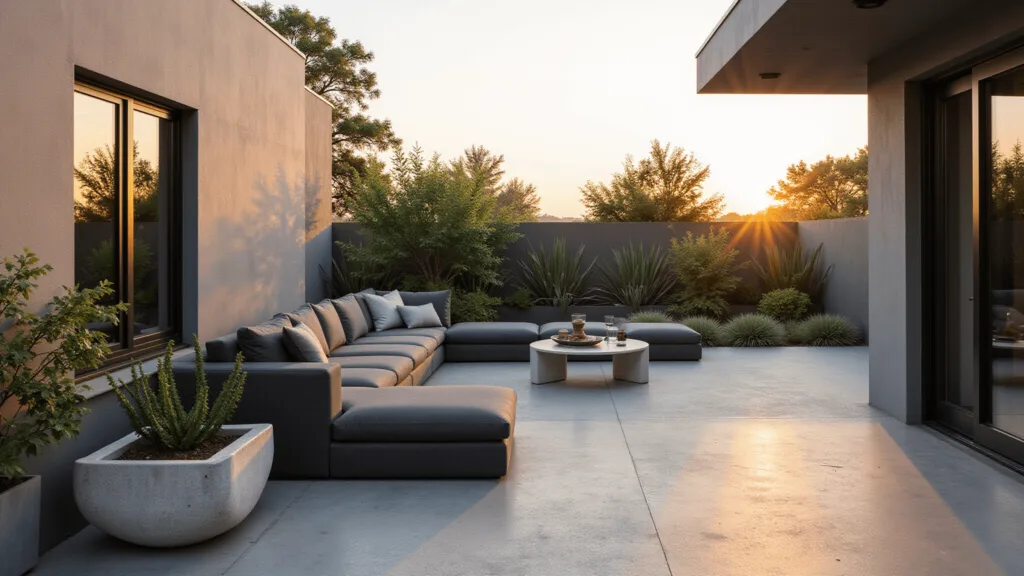 "Modern minimalist patio with charcoal sectional sofa, geometric planters with succulents, and golden sunset lighting"