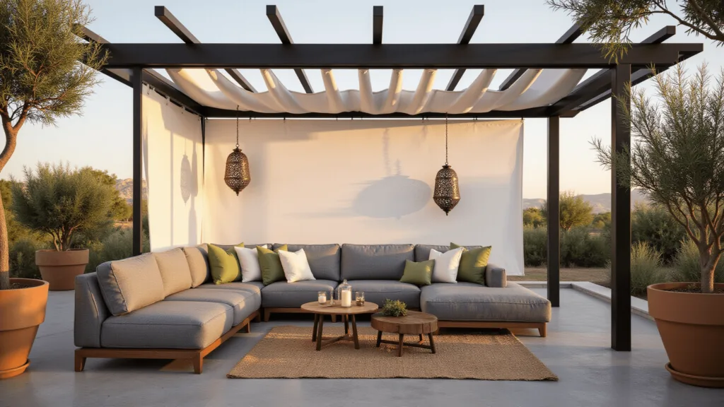 "Modern pergola with white canvas, grey sectional sofa, Moroccan lanterns, and olive trees in terracotta pots during sunset"