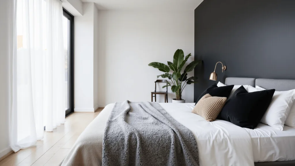 "Scandinavian minimalist design featuring a king-size bed with white linens and black accents in a sunlit, monochromatic black and white bedroom"