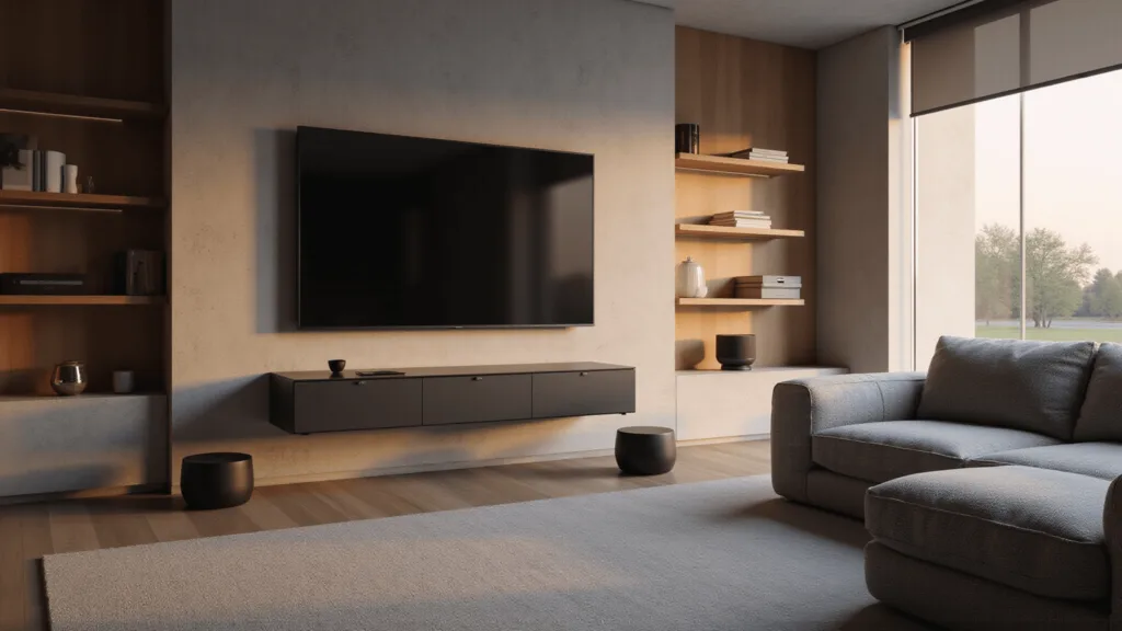 "Minimalist smart living room with mounted OLED TV, gray sectional sofa, smart blinds, and LED-lit shelves at golden hour"