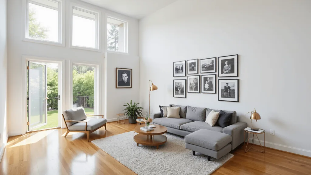 "Stylish living room with gallery wall, gray linen sofa, oak hardwood floors, and natural light streaming through tall windows"