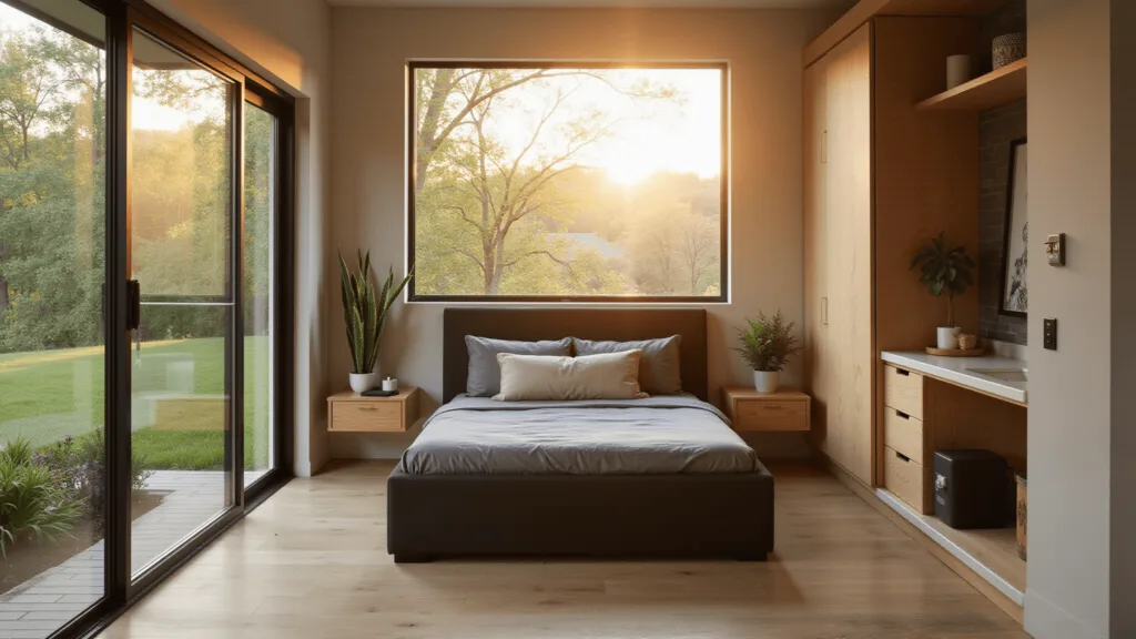 "Modern minimalist guesthouse interior with Murphy bed, wooden shelves, kitchenette and natural light"